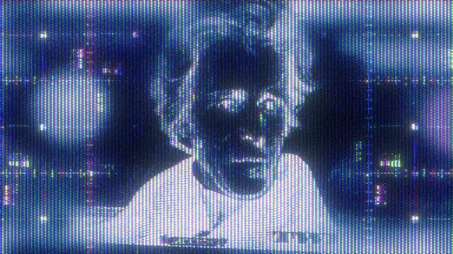 4K Glitch animation of faces on dollar bills, inverted CRT-style distortion with scanlines and pixel flicker for motion graphics overlay, screen mode, financial identity, cyber economy stock market