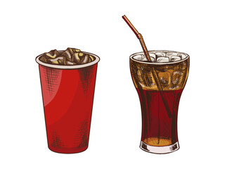 Hand drawn vintage sketch of iced fizzy drinks in paper and glass cups with ice, color vector illustration