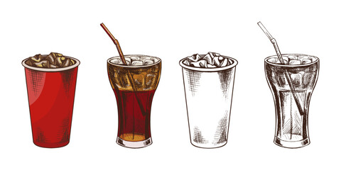 Hand drawn vintage sketch of iced soda and soft drinks in paper and glass cups, color and monochrome set