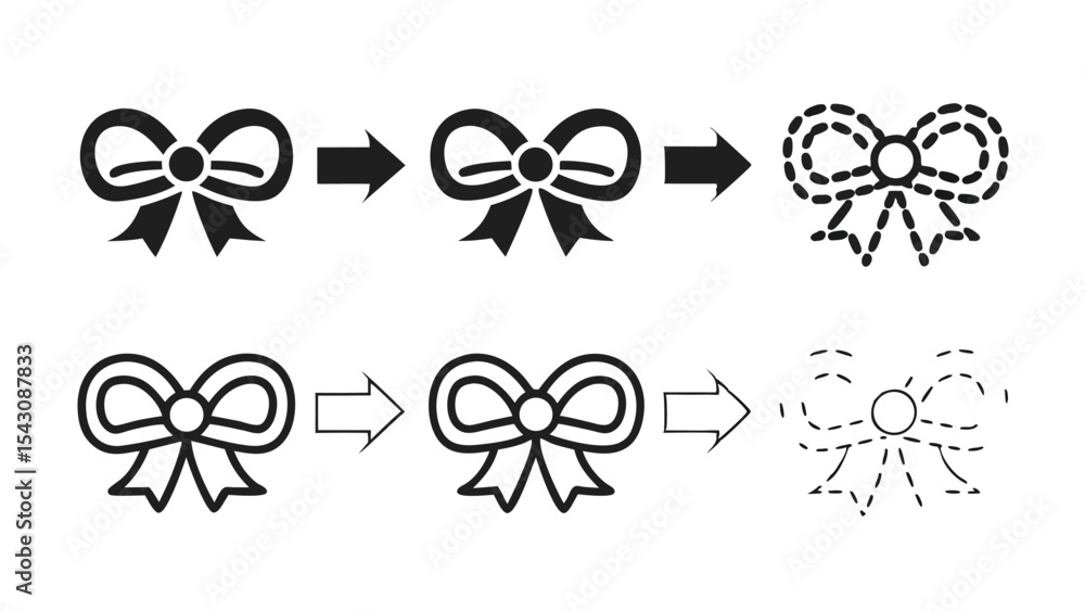 Poster illustration showing the evolution of a bow icon from solid to dashed with arrows indicating change