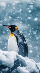 Obraz premium A penguin standing in front of a snow storm. Useful for articles about nature, animals and climatic conditions.
