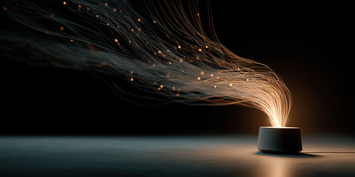  Desk lamp emits luminous strands showing AI decision variables.
