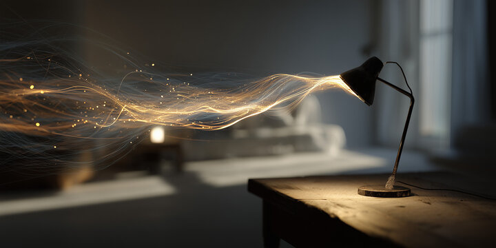  Desk lamp emits luminous strands showing AI decision variables.
