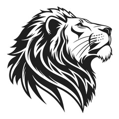 Majestic lion head with intricate black and white mane looks proudly upward calmly