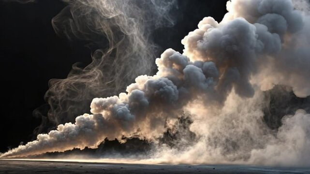 Dramatic Smoke Plume Cinematic Atmospheric Haze Ground Level View Dense Grey White Smoke Clouds Billowing Rising Vapor Steam Fog Effect Special Effects V F X Post Production