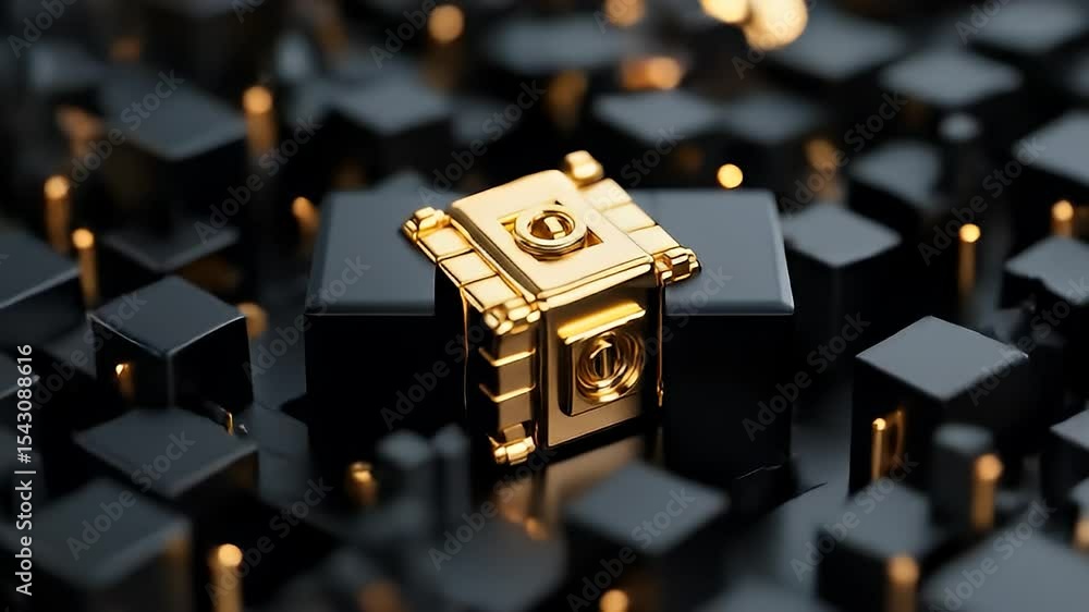 Poster golden ornate cube on black cubes minimalist geometric design in 3d rendering