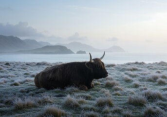 Highland cow resting in frosty field