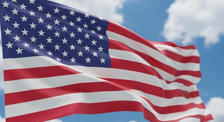 American Flag Waving Blue Sky White Clouds US flag