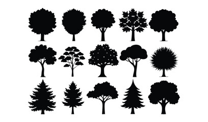 Collection of black silhouettes of various trees