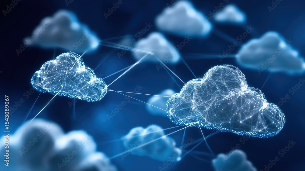 Fototapete cloud networked world: a stunning visual of cloud computing, featuring interconnected, luminous clou