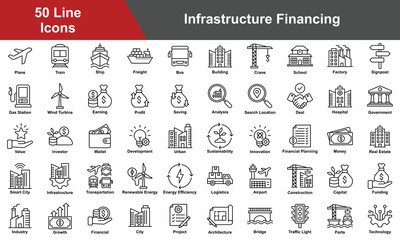 Infrastructure Financing Icon Set Collection. Containing  Infrastructure, Transportation, Logistics, Airport, Construction, Ports, Technology, Industry. Simple Line Vector Illustration.