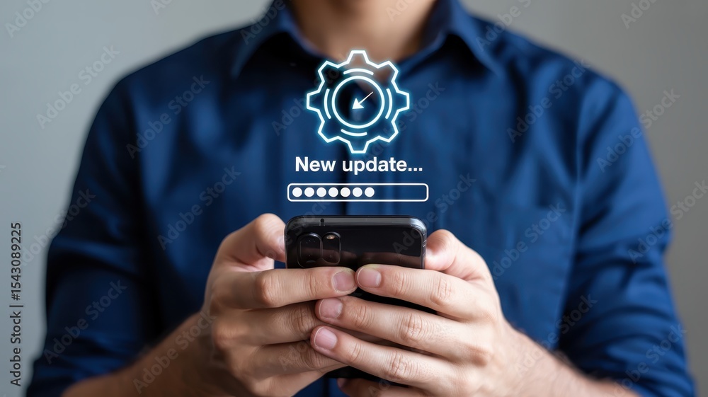 Aufkleber a person holds a smartphone displaying a new update notification.