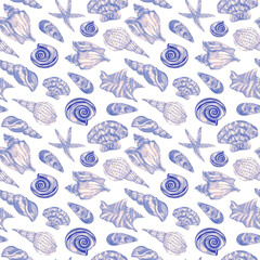 Blue sea shells seamless pattern
