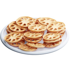 3D illustration of crispy and delicious traditional kembang goyang cookies, often enjoyed during holidays, with a light and crunchy texture. Perfect for festive gatherings!
