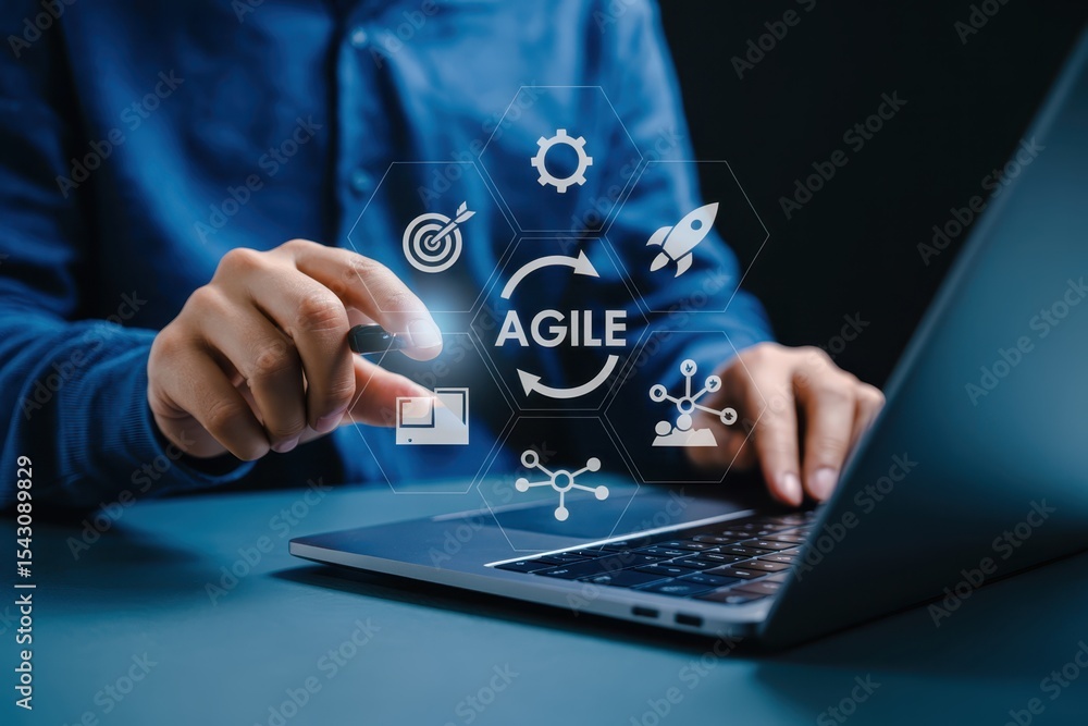 Aufkleber person using a laptop with agile icons displayed.