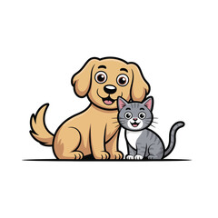 Cartoon Vector Illustration of a Cute Dog and Cat Sitting Together on White Background