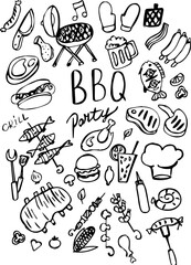 BBQ party doodles featuring food, drinks, and grilling equipment  