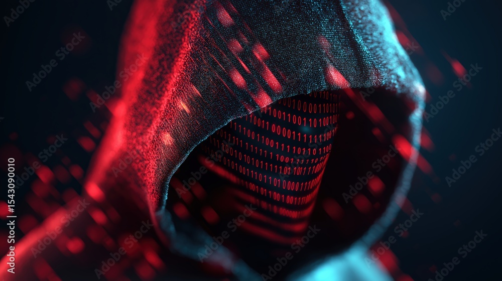 Poster digital anonymity: an enigmatic figure cloaked in a dark hoodie, with a face composed of data stream