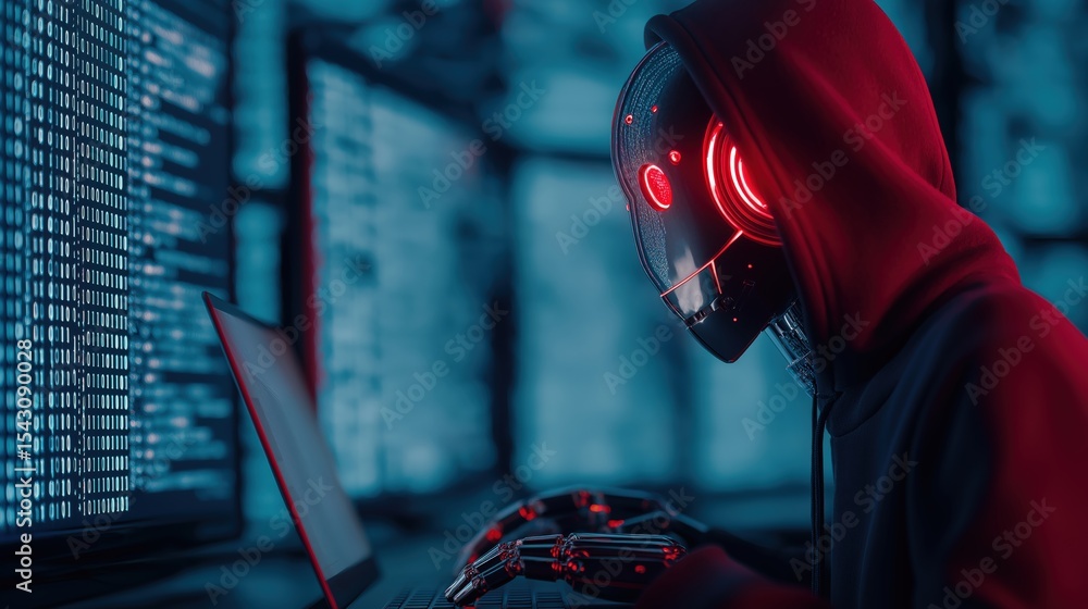 Poster cybernetic enigma: a futuristic robot, shrouded in shadow, engages in an act of code manipulation be