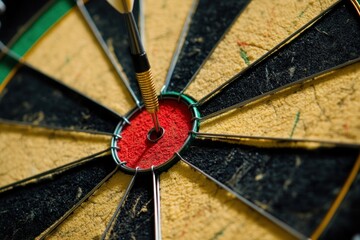 Conceptual image of accurate goal setting, dart piercing the center of a dartboard