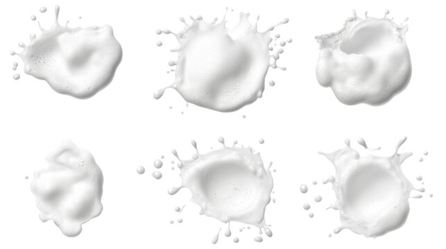Set of white foam soap splashes with bubbly texture and dynamic liquid shapes isolated on white background

