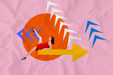 Trend artwork template design 3D collage of young lady expression posing sit arrow achievement...