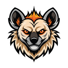 Intense hyena mascot shows its ferocious look with glowing orange eyes on white