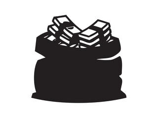 Vector isolated big bag of money bills cash stack colorless black and white outline silhouette shadow shape stencil solid black