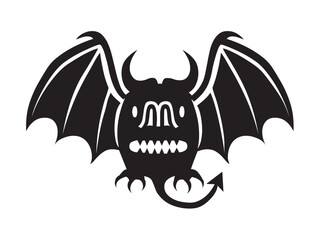 Vector isolated one single winged monster vampire bat with fangs devil bat colorless black and white outline silhouette shadow shape stencil solid black