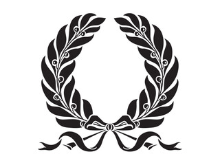 Vector isolated one single simple laurel leaves branch round frame for the winner medal colorless black and white outline silhouette shadow shape stencil solid black