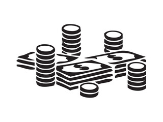Vector isolated cash money coins and bills stack bundle colorless black and white outline silhouette shadow shape stencil solid black