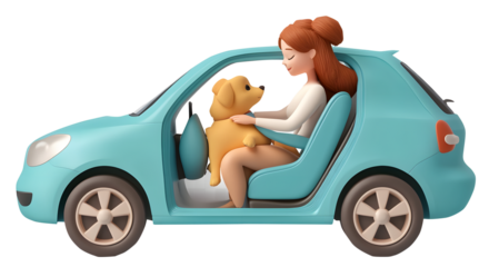 Woman and dog in car 3D illustration png Happy pet and owner in car 3D character pet owner png isolated on transparent