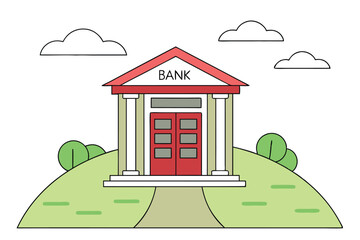 Stylized Bank Building Cartoon with Clouds, Trees, and Pathway on Small Hill