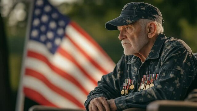 Elderly veteran wearing military medals sitting by American flag  