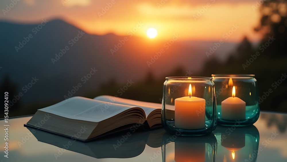 Poster two candles illuminate an open book on a table at sunset with mountains in the background