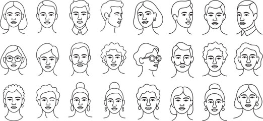 Thirty Diverse Blackand White Line Art Portraits Faces Men Women Hairstyles Expressions vector