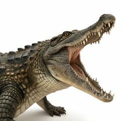 Obraz premium crocodile with rough scaly skin, powerful tail, and open jaws displaying sharp teeth captured in full body pose isolated on white background
