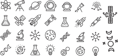 Thirty Six Minimalist Black Line Science Space Icons Astronomy Rocket Microscope D N A Earth Moon Satellite