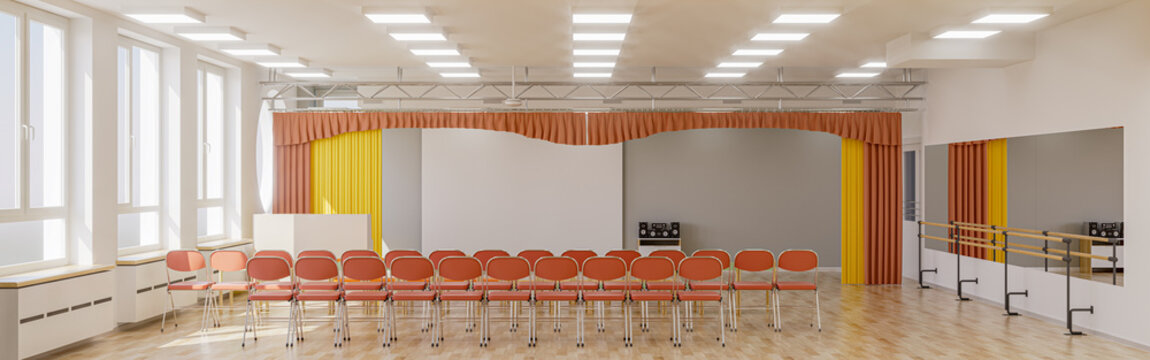 Modern school assembly hall interior. The auditorium room in the school or kindergarten. 3d render