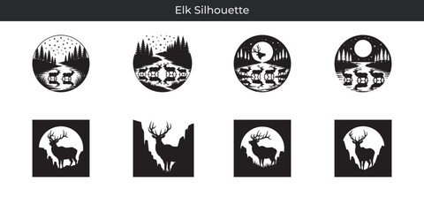 Elegant elk silhouette designs featuring nature landscapes and wildlife scenery imagery