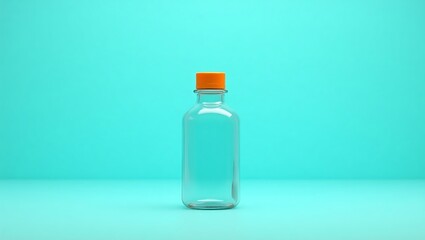 Empty glass bottle with an orange cap stands on a cyan background