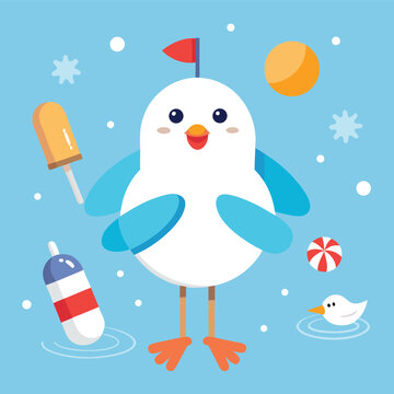 cute seagull holding a popsicle with floating bea