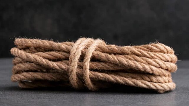 A bundle of natural jute rope neatly tied, placed on a textured dark background for crafting use