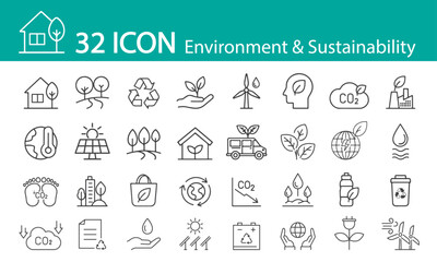 Modern icons representing the concept of environmental sustainability, including recycling, clean energy, carbon reduction, conservation and eco-friendly living.