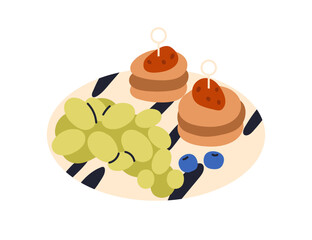 Canape, grapes and blueberry, party snacks plate. Mini pancakes with strawberry, berries, fruits served on platter, dish. Finger food for picnic. Flat vector illustration isolated on white background