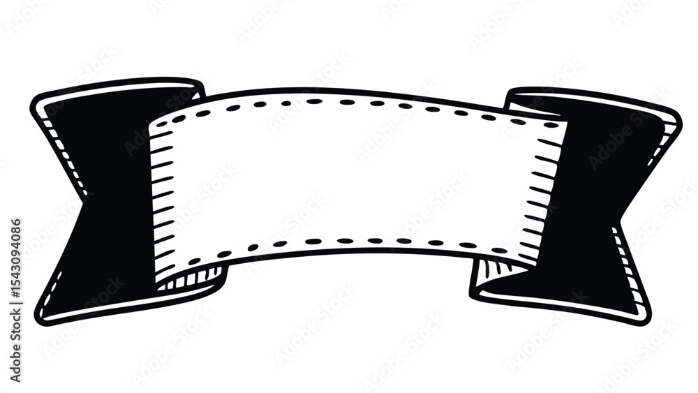 Poster a monochrome drawing showcasing a stylized banner with folded edges and a dotted line detail for tex