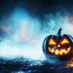 Naklejka premium Jack-o'-Lantern: A haunting Jack-o'-Lantern glowing ominously against a backdrop of swirling fog, creating a chilling atmosphere, the essence of the spooky season, perfect for Halloween themes.