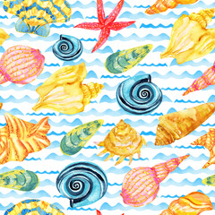 Seashells seamless pattern on sea wave background