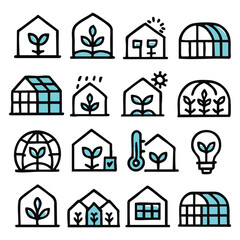 Greenhouse Icons HandDrawn Style with Plants Weather and Sustainability Elements.