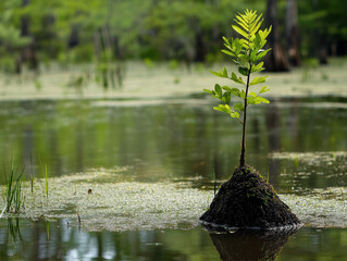 Naklejka premium Cypress sprout emergence swamp gigapixel high fidelity wetland close-up nature growth